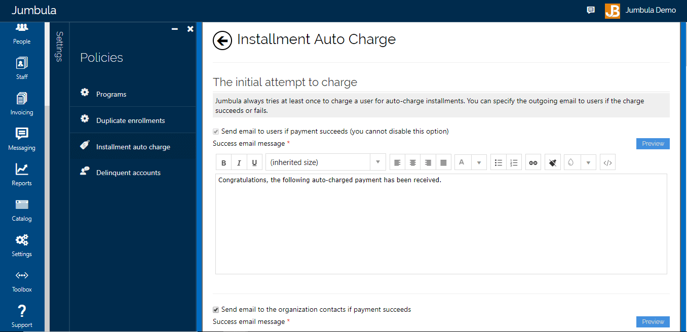auto charge policies, including automatic emails